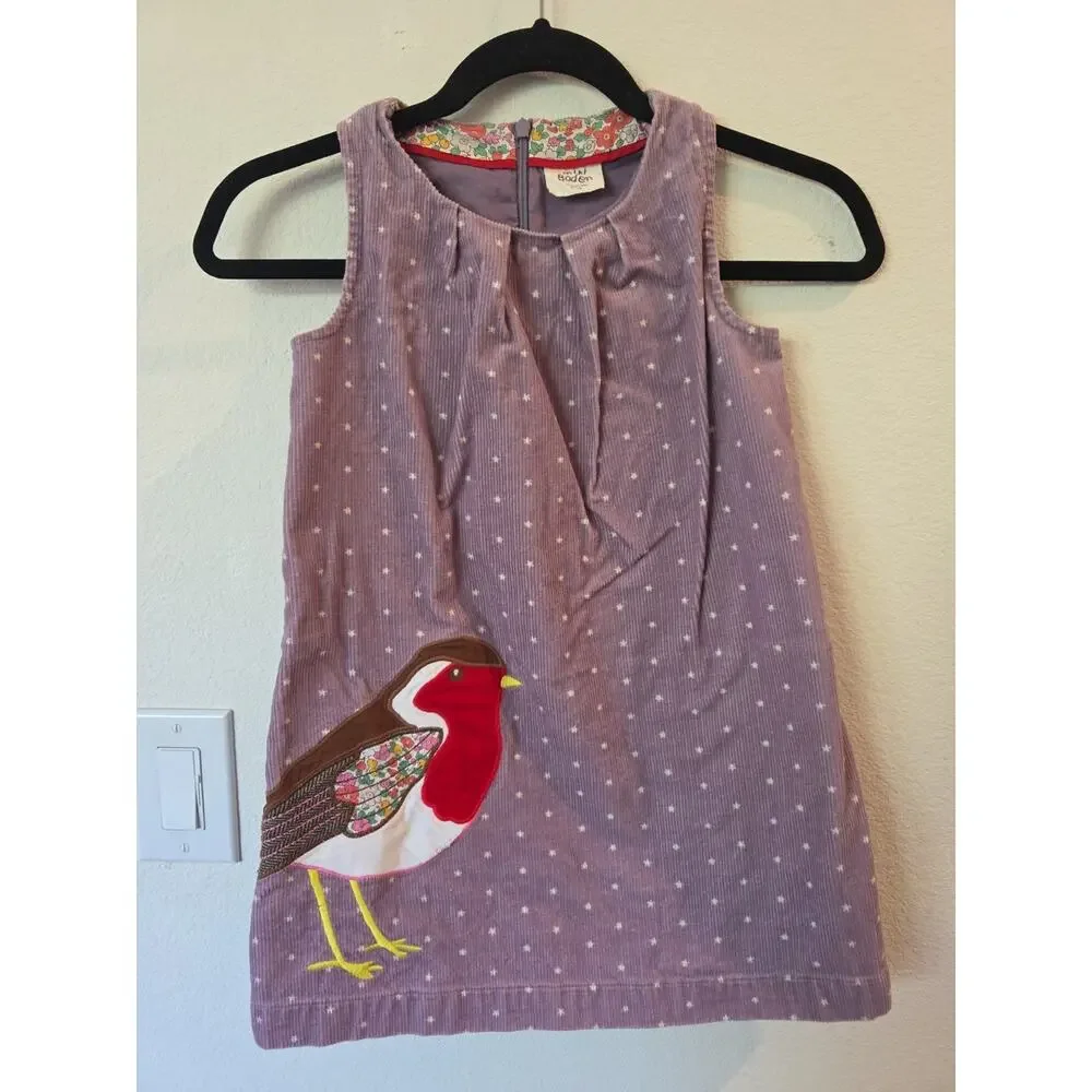 Mini Boden Girls' Purple Corduroy Jumper Dress with a Robin Appliqué Sz 6-7 Yr - Picture 2 of 6